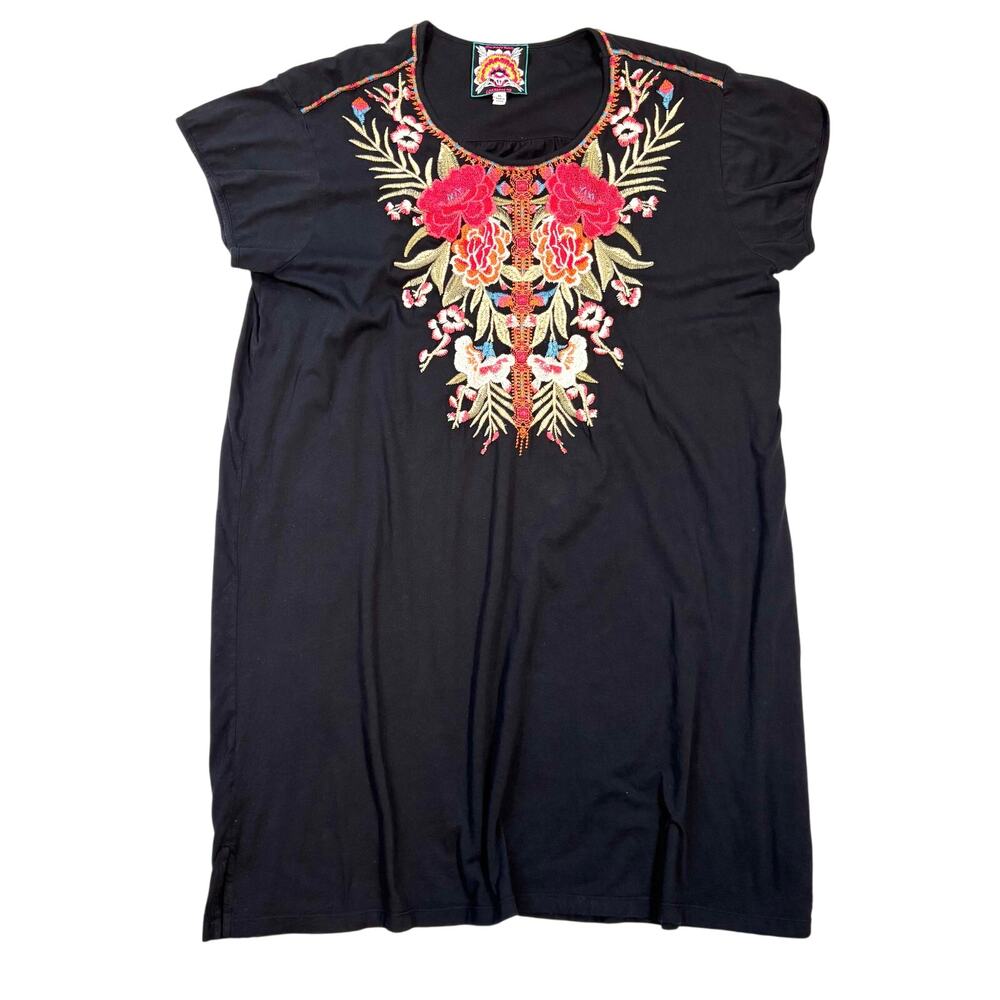 Johnny Was Los Angeles Black Embroidered Floral Tunic Dress T-Shirt Top XL
